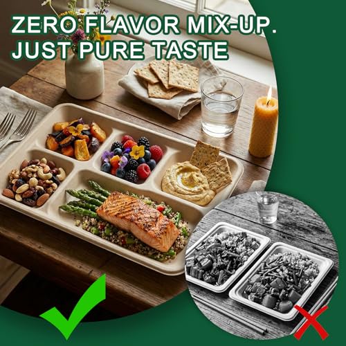 Tinybee 100% Compostable 5 Compartment Paper Plates 12.5 * 8.6 Inch [100-Pack] Heavy Duty Divided Disposable Eco-Friendly Bagasse Plates Lunch Trays for Buffet/Party/School (BPI-Certified) Nautral