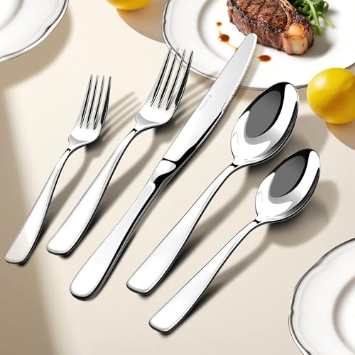 Silverware Set for 8, 40 Piece Heavy 18/10 Stainless Steel Flatware Utensils Cutlery Set, Mirror Polished knives Forks and Spoons Silverware Sets,Dishwasher Safe for Dinner Home Kitchen,Wedding Party