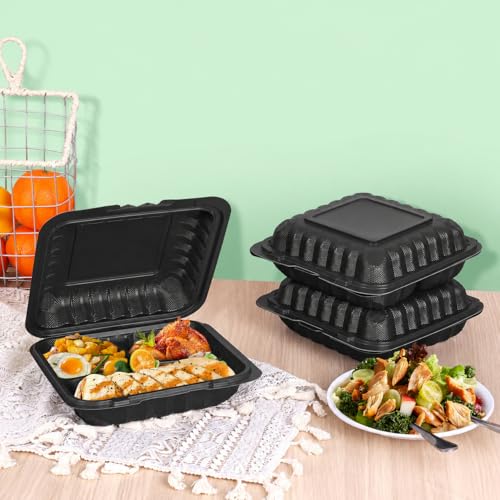 50Pack 8" X 8" 3-Compartment Clamshell To Go Food Containers With Secure Snap Lids - Heavy Duty Take out Containers Disposable To Go Plate For Carryout Meal Prep Catering (Black 3-Compartment)