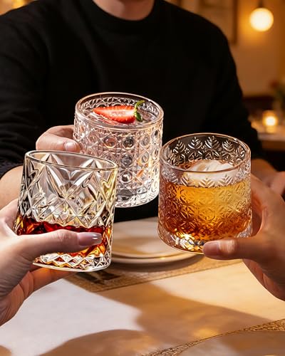 CEEFU Old Fashioned Whiskey Glasses with 360° Rotating Base, Set of 2 (2 Crystal Glasses Set, 2 Big Ice Ball Molds) In Gift Box - Bourbon, Cocktail, Rocks, Bday Gifts Ideas for Men, Snowflake Pattern