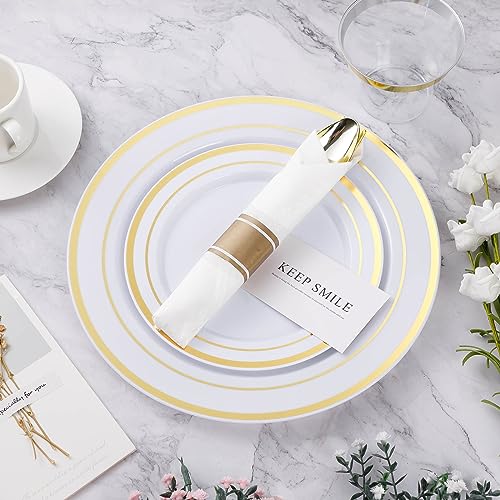 BESTVIP 350PCS Gold Plastic Dinnerware Set, Disposable Party Plates for 50 Guests, Include: 100 Plastic Plates, 50 Pre Rolled Napkins with Gold Silverware, 50 Cups