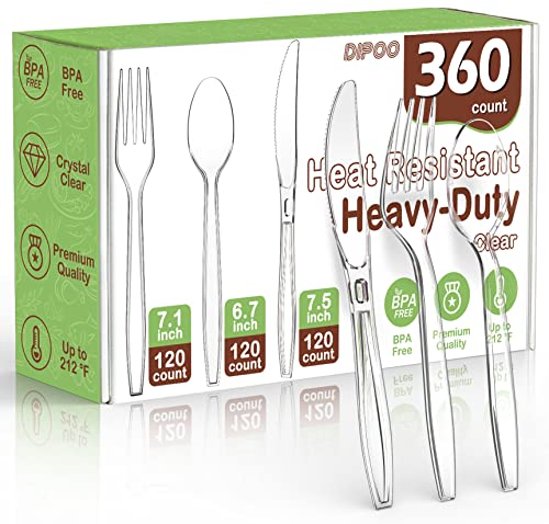 360 Count Plastic Silver Ware Heavy Duty, 120 Forks, 120 Spoons, 120 Knives, Heat Resistant & BPA Free Disposable