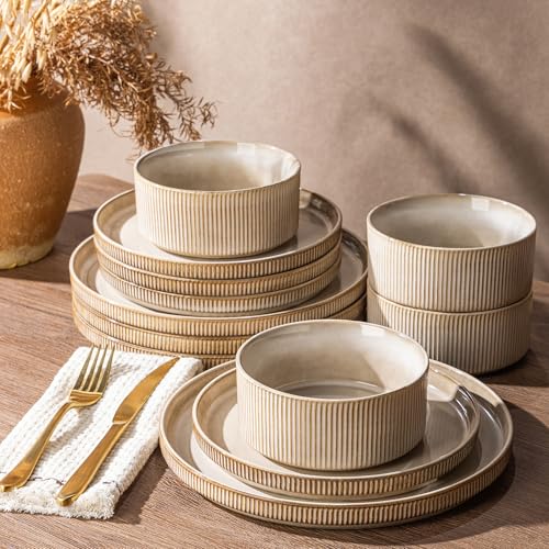 GBHOME 12-Piece Stoneware Dinnerware Set for 4 – Ribbed Ceramic Plates and Bowls, Scratch-Resistant, Microwave & Dishwasher Safe, Reactive Glaze, Cappuccino