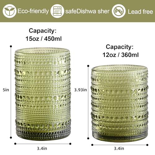 ZMOWIPDL Vintage Hobnail Drinking Glasses Set of 8,Green 12 oz & 15oz Highball Glass Cups, Kitchen Drinkware Glassware,Embossed Water Tumbler,for Beer,Cocktail,Whiskey,Juice and Various Mixed Drinks