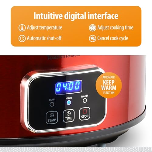 Toastmaster 4-Quart Digital Slow Cooker with Locking Lid - Food Warmer for Dip, Soups, Parties, Meal Preparation & More - Red