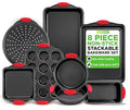 NutriChef Non-Stick Kitchen Oven Baking Pans-Deluxe & Stylish Nonstick Gray Coating Inside Outside, Commercial Grade Restaurant Quality Metal Bakeware with Red Silicone Handles NCSBS8S, 8 Piece Set