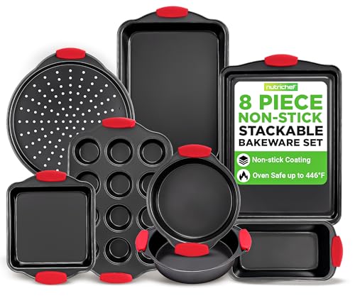 NutriChef Non-Stick Kitchen Oven Baking Pans-Deluxe & Stylish Nonstick Gray Coating Inside Outside, Commercial Grade Restaurant Quality Metal Bakeware with Red Silicone Handles NCSBS8S, 8 Piece Set
