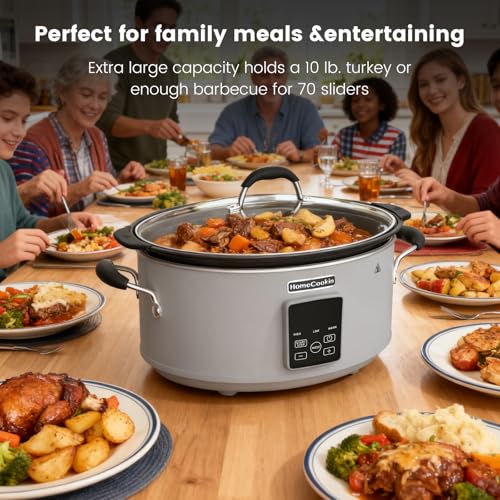 HOMECOOKIN Slow Cooker, Extra Large 10 Quart Programmable Slow Cookers with Timer, Dishwasher Safe Glass Lid & Crock, Kitchen Appliance for Families and Gatherings, Grey