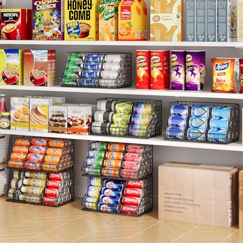 JKsmart 2 Pack Stackable Can Rack Organizer for Pantry Storage,Can Dispensers with 4 Adjustable Dividers, 2-Tier Metal Wire Basket Beverage Pop Soda Rack for Kitchen Cabinet Pantry, Black