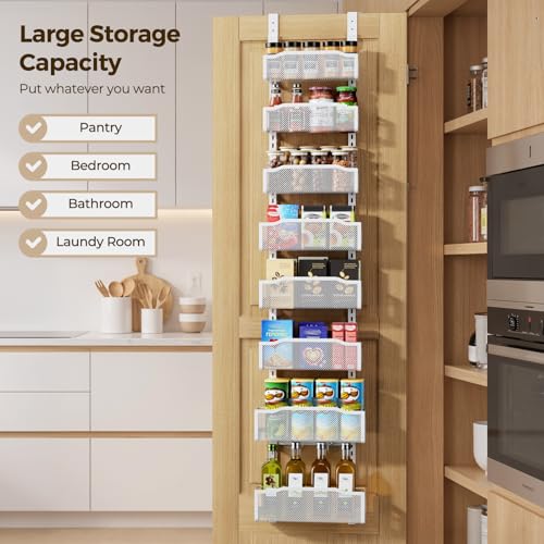 Delamu 8 Tier Over the Door Pantry Organizer, 2in1 Hanging or Wall Mount Spice Rack Seasoning, Adjustable Heavy-Duty Narrow Pantry Door Organizer and Storage for Kitchen Cabinet and Bathroom,12" White