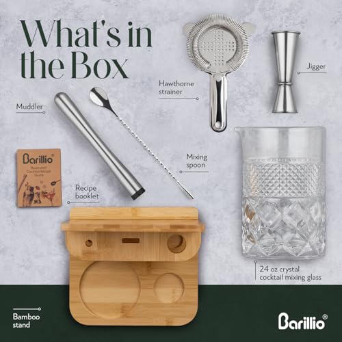 Barillio 24 Oz Crystal Cocktail Mixing Glass with Bamboo Stand & Bar Tools | Seamless Lead-Free Crystal, Weighted Base Stirring Pitcher | Including Muddler, Mixing Spoon, Jigger and Strainer