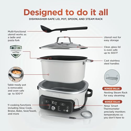 Ninja Foodi PossibleCooker PRO Plus with 11-in-1 Smart Cook System, Thermal Surround Technology, Powerful 1400-Watt Base, Oven safe up to 500º F - White (Renewed)