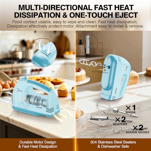 HaooAir Electric Handheld Mixer, 7-Speed Adjustable Kitchen Mixer, 5 Stainless Steel Accessories (2 * Dough Hooks, 2 * Beaters, 1 * Whisk), Perfect for Kitchen and Baking Food Mixers, Blue