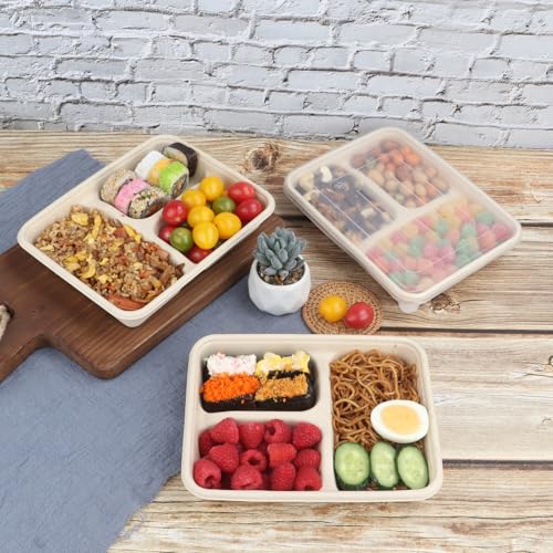 JAYEEY 23 oz 3 Compartments disposable plates with Lids Plant Fiber 50 Pack