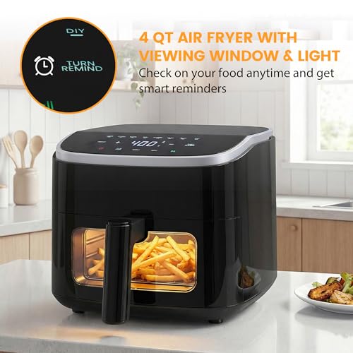 Sweetcrispy Air Fryer 4 Quart with Window, 1500W Digital Airfryer with 8 Presets, 60-Min Timer, Max 400°F, Auto Shut Off & Nonstick Dishwasher Safe Basket, Shake Reminder for Small Kitchen