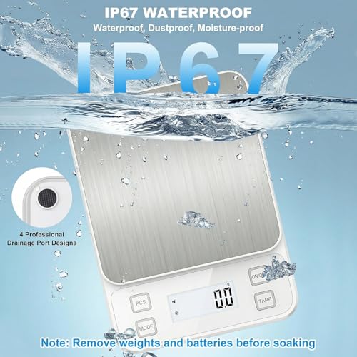 22lb Rechargeable Stainless Steel Scale, Diyife Large Kitchen Food Scale with 0.1g/0.001oz High Precision, LCD Display, 10 Unit, Waterproof IPX67, Washable, Hangable, for Baking, Cooking, White