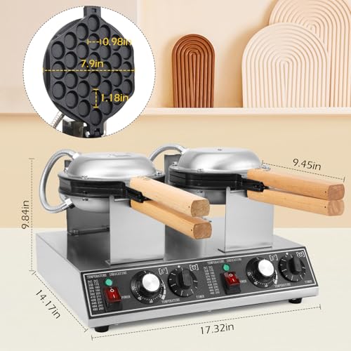 Dyna-Living Bubble Waffle Maker Commercial Double-head Egg Puff Waffle Maker, 1400W & 1400W Non-stick Hong Kong Bubble Waffle Machine, 180° Rotating, Non-stick Coating, Dual Temperature Control