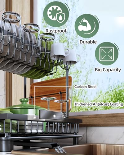 Nfnoyp Dish Drying Rack, 2 Tier Space-Saving Dish Rack, Multifunctional Dish Drainer for Kitchen Counter with Drainboard/Utensil/Cup Holder Rustproof Carbon Steel, Black