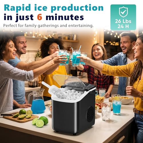 Sweetcrispy Countertop Ice Maker with Scoop, Basket and Handle, Portable Ice Machine 9 Cubes Ready in 6 Mins, 26.5lbs in 24Hrs, 2 Sizes for Home Kitchen Office Bar Party