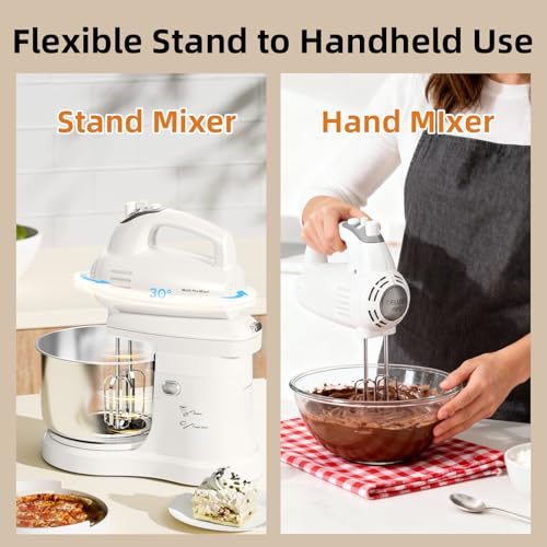 Vikaluz 3.2QT 2-in-1 Stand Mixer, Electric Kitchen Mixer with Auto-Rotating Bowl & Tilt-Head, 5-Speed 250W Turbo Baking Machine for Beginners with Beater & Dough Hook for Cookie, Bread, Cake (White)