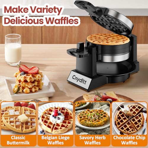 Cnydltt Double Waffle Maker - 1400W Rotating Belgian Waffle Iron, Cooks 2 at Once (8 Slices), 180° Flip Nonstick Plates, Smart Temp Control, Removable Drip Tray, Locking Lid, Stainless, Black