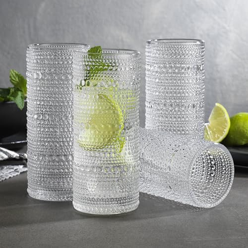 Glaver's Highball Drinking Glasses, 10.82 oz Sleek Hobnail Textured Glassware Modern Tall Tumblers set of 4 Iced Coffee Glasses, Highball Cocktail Set, Dishwasher Safe, Housewarming Gift Set