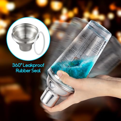 Ailelan Glass Cocktail Shaker with Strainer, 14oz Martini Shaker with 6 Recipes On Side, Clear Drink Shaker Bottle with Measurements, Bar Shakers Set Bartender Kit for Mixing Cocktail, Margarita
