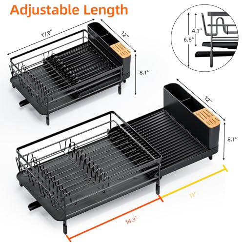 Urackify Large Dish Drying Rack, Expandable Dish Racks for Kitchen Counter, Multifunctional Dish Drainer with Utensil Holder & Cup Holder, 18.5"-26.7" L x 12.7" W, Black