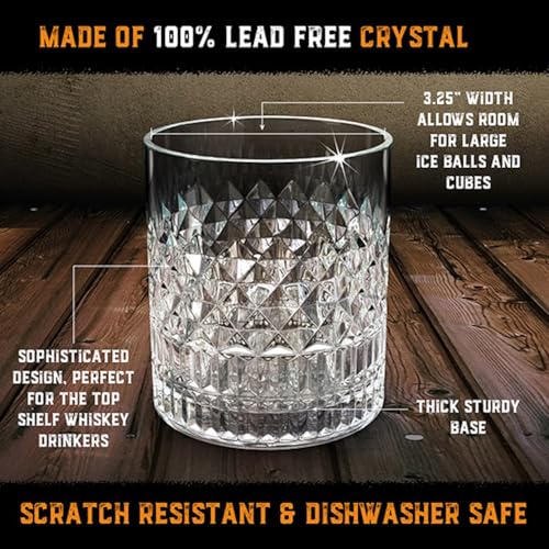 Aged & Charred Lead-Free Crystal Whiskey Glasses With Heavy Base (Set of 4) - 11 Oz Rocks Barware for Old Fashioned, Bourbon, and Cocktail Drinks - Premium Whiskey Bourbon Gift for Men
