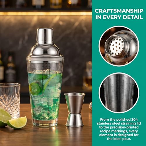 Ailelan Glass Cocktail Shaker with Strainer, 14oz Martini Shaker with 6 Recipes On Side, Clear Drink Shaker Bottle with Measurements, Bar Shakers Set Bartender Kit for Mixing Cocktail, Margarita