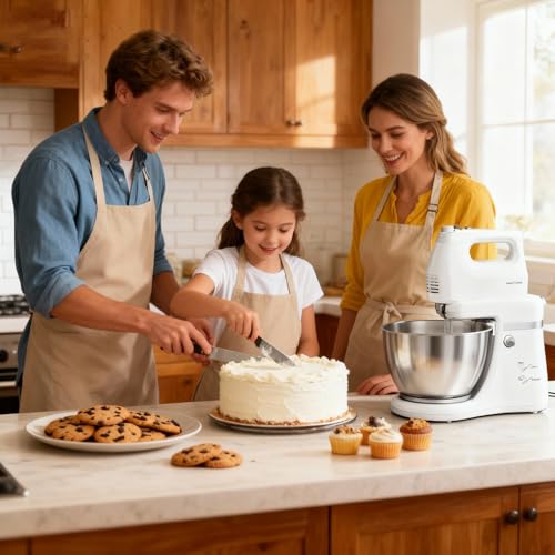 Vikaluz 4.8QT 2-in-1 Stand Mixer, Electric Kitchen Mixer with Auto-Rotating Bowl & Tilt-Head, 5-Speed 250W Turbo Baking Machine for Beginners with Beater & Dough Hook for Cookie, Bread, Cake (White)