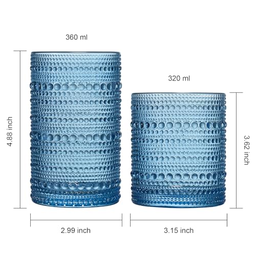 Hobnail Beaded Highball Drinking Tumbler Glasses | Set of 12 | Color, Vintage Bubble Design Whiskey Glassware, Old-Fashioned, Embossed Design for Water, Wine, Cocktail Embossed Heavy Glas, Rocks Glass