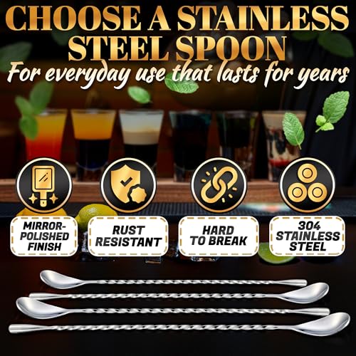 4 Pcs Bar Spoon Cocktail Mixing – 12'' Long Stainless Steel Cocktail Stirrers with Polished Surface – Home Bars, Coffee & Dirty Soda Bar Supplies, Practical Gift for Drink Mixing Lovers | Sugar Spoon