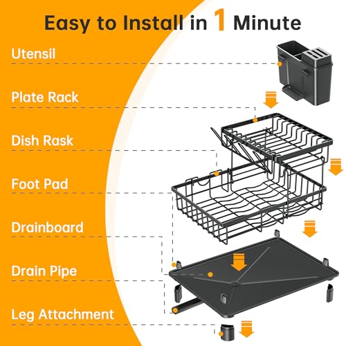 IMXSUMDA Dish Drying Rack, 2 Tier Dish Racks for Kitchen Counter, Compact Drying Rack Kitchen, Rust-Resistant Dish Drainer, Detachable Space-Saving Dish Rack with Drainboard, Utensil Holder, Black