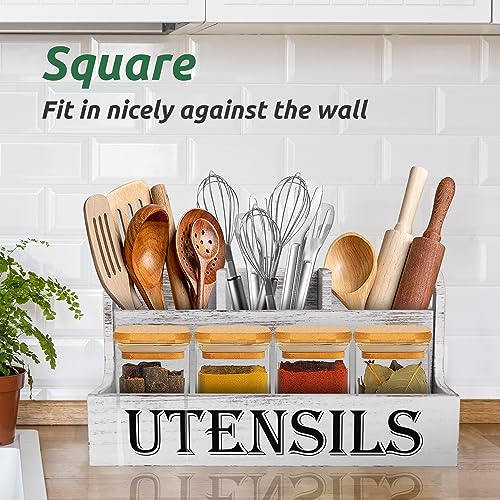 Suli Extra Large Kitchen Utensils Holder with 4 Compartments, White Wooden Utensil Organizer for Kitchen Countertop, Farmhouse Utensil Storage, Rustic Cooking Utensils - White Grain