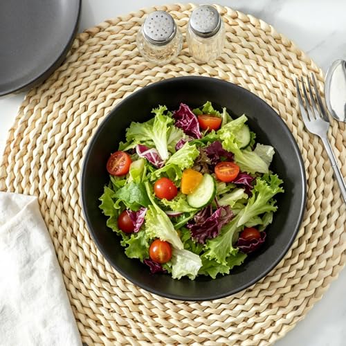 Tikooere Stoneware Pasta Bowls, 34 oz Large Salad Bowl Set of 4, Ceramic Serving Bowls for Ramen, Pasta, Fruit, Cereal, Dinner, Wide and Shallow Bowls, Microwave & Dishwasher Safe, Matte Black