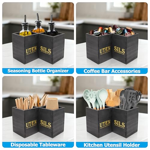 RedCall Kitchen Utensils Holder,Extra Large 3 Compartments Corner Utensil Caddy for Countertop,Wooden Farmhouse Utensil Organizer