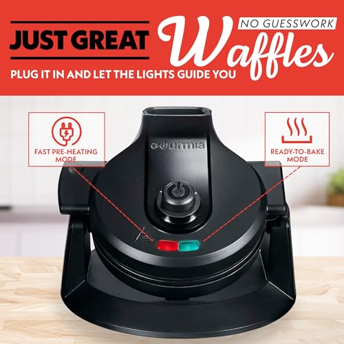 Gourmia Dual Pour Waffle Maker - Belgian Waffle Maker with Mess Free Spout, NonStick Plates, Cool Touch Handle, Compact Upright Storage, Safety Latch, Black