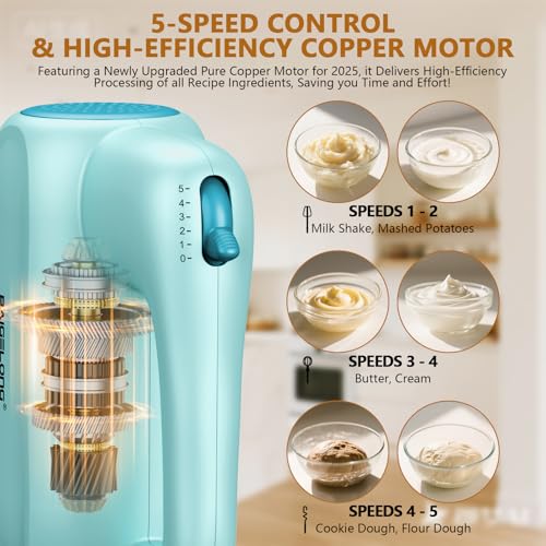 BAIGELONG Hand Electric Mixer, 5-Speed KitchenMixer with 5 * 304 Stainless Steel Attachments + Storage Base, Food Handheld Mixer for Baking, Whipping Cream, Cake Mixing, Blue