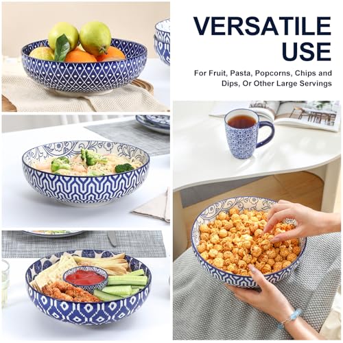 Selamica 9.5" Serving Bowls, 60 OZ Large Salad Bowls Set of 3 for Entertaining Party, Ceramic Bowls for Kitchen, Pasta, Soup, Dinner, Vintage Blue