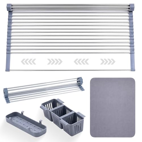 Havenity™ Expandable Roll Up Dish Drying Rack with Drying Mat - Adjustable Up to 22.75" with 2 Free Attachments & 2 Removable Baskets, 304 Stainless Steel Over The Sink Dish Drying Rack Cover Kitchen