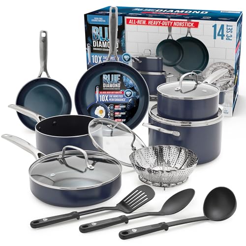 Blue Diamond 14 Piece Cookware Set, Diamond Infused PFAS & PFOA-Free Ceramic Nonstick Pots and Pans, Durable, Non