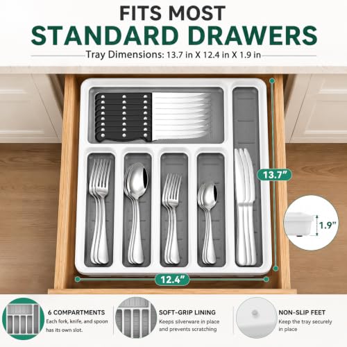 49-Piece Silverware Set with Organizer, Stainless Steel Flatware Utensils Set for 8, Forks and Spoons Silverware Set Cutlery Set with Steak Knives, Dishwasher Safe
