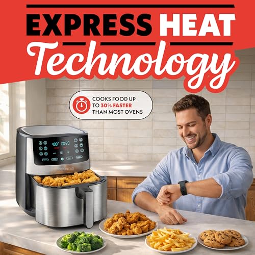 Gourmia Air Fryer Oven Digital Display 8 Quart Large AirFryer Cooker 12 Touch Cooking Presets, XL Air Fryer Basket 1700w Power Multifunction GAF838 Black and stainless steel air fryer