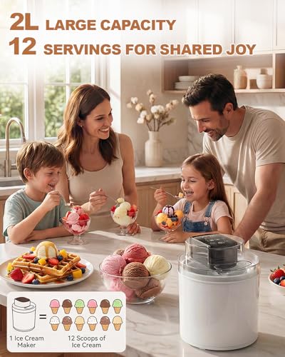 Ice Cream Maker Machine – 2.1 Quart Ice Cream Machine for Gelato, Sorbet & Frozen Yogurt, Pre-Freeze Bowl, LCD Screen and Timer, Perfect for 6-10 Servings, Easy to Use & Clean