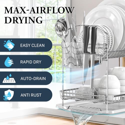 Simple Houseware 2-Tier Stainless Steel Dish Rack with Drainboard, Chrome for Kitchen