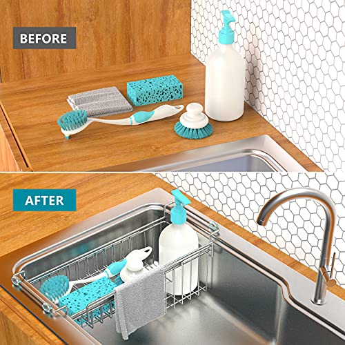 FavoThings Over the Sink Caddy, Expandable Stainless Steel Sponge Holder for Kitchen Sink, 14.5-22 in Sink Organizer Rack for Sponge, Soap, Brush, Dish Cloth and Rag, Rust-Resistant Drying Holder