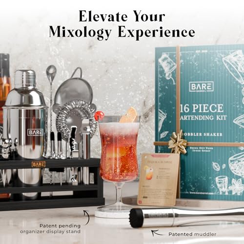BARE BARREL® Mixology Bartender Kit Bar Set | 16-Piece Cocktail Shaker Set | Martini Barware Mixing Tools for Home Bartending | Incl. 35 Recipe Cards | Gift Set (24oz Cobbler Shaker, Silver/Black)