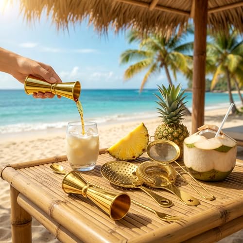 Homestia 5-Piece Gold Cocktail Strainer Set, Stainless Steel Hawthorne + Julep + Fine Mesh Strainers with Bar Spoon & Jigger, Professional Bartending Tools Bar Mixing Kit