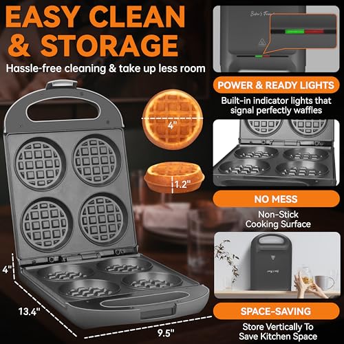 Baker's Friend Multi Stuffed Waffle Maker Thick, 4-Slice with 1.2'' Thick & 4'' Dia, Belgian Mini Waffle Maker Flip, Nonstick Breakfast Sandwich Maker, Stuffed Waffle Iron, Graphite